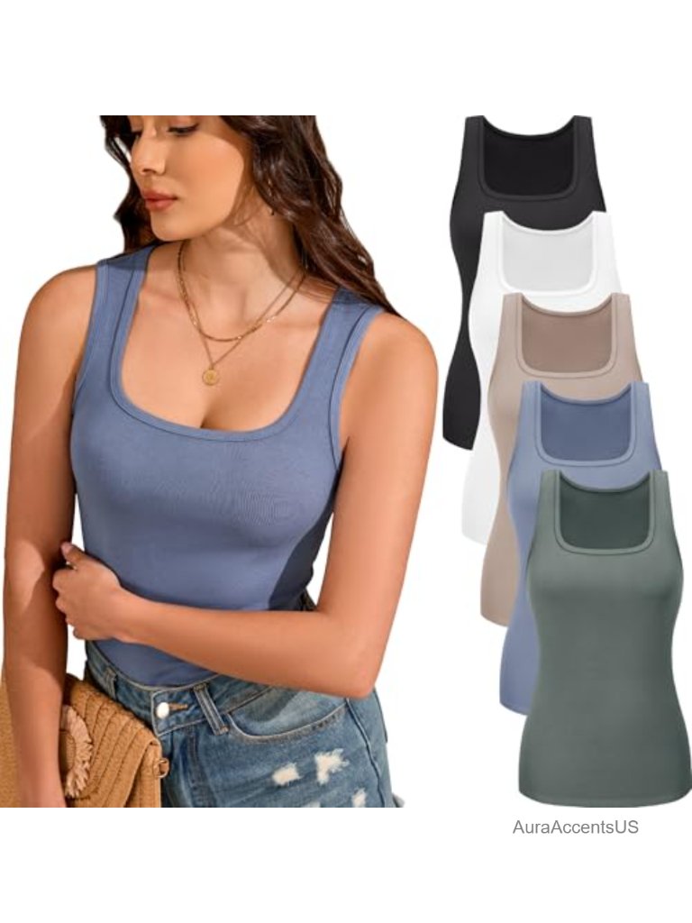 5 Pack Square Neck Ribbed Tank Tops Sleeveless Layering Undershirts